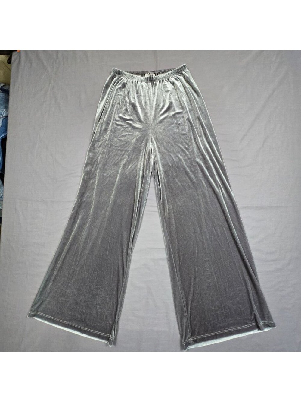 Audrey 3+1 Small Wide-Leg Pants Silver Velvet Velour Elastic Waistband Lounge